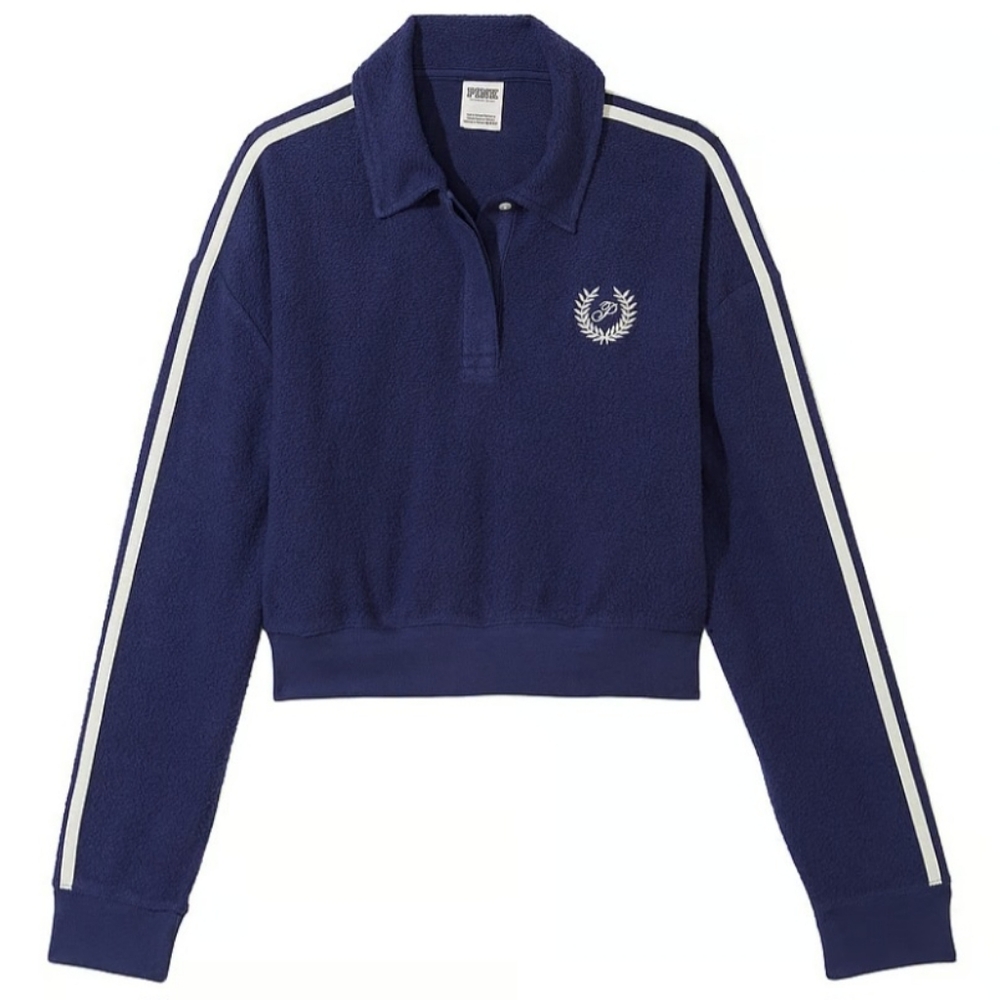 XL XXL VS PINK Reverse Fleece Cropped Polo Sweatshirt Navy